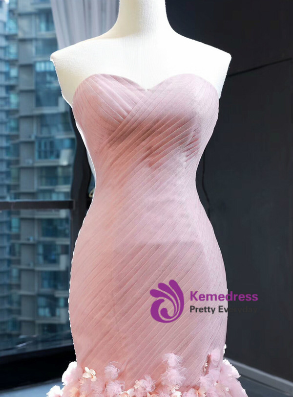 Sexy Pink Mermaid Tulle Sweetheart Sleeveless Pleats Appliques Prom Dress