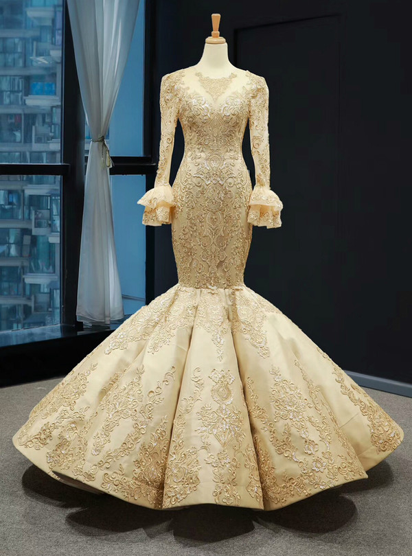Sexy Gold Mermaid Satin Lace Appliques Long Sleeve Prom Dress