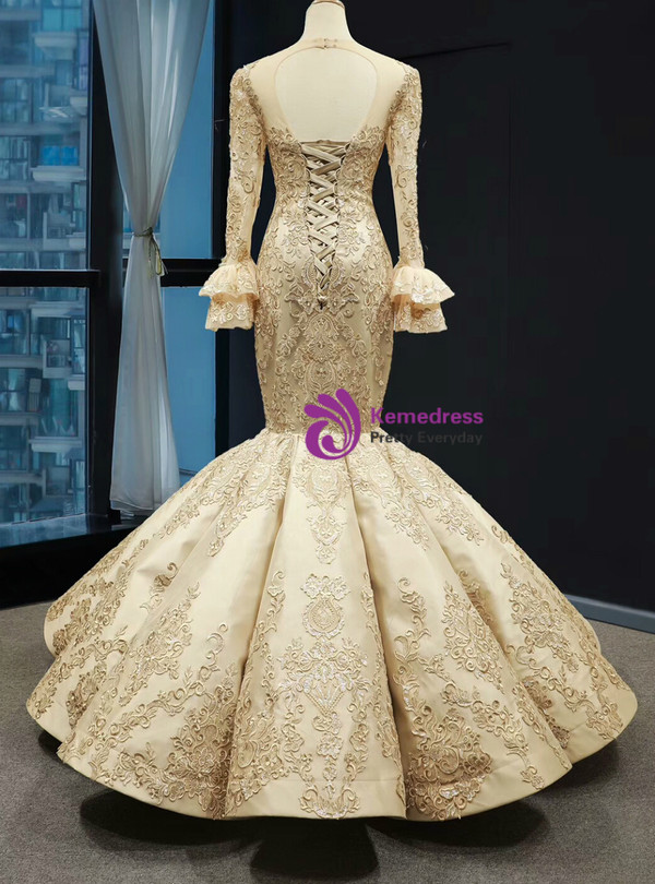 Sexy Gold Mermaid Satin Lace Appliques Long Sleeve Prom Dress