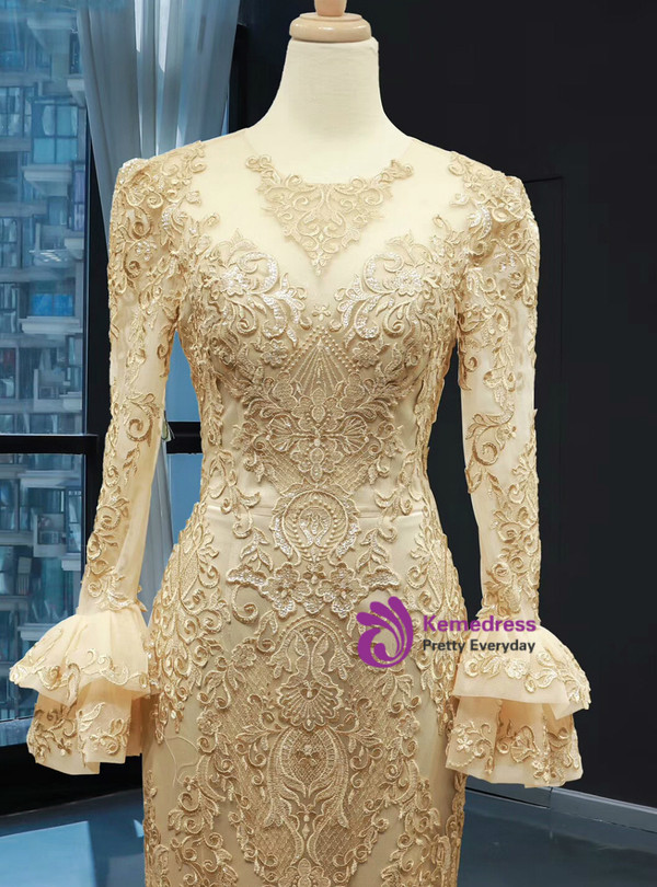 Sexy Gold Mermaid Satin Lace Appliques Long Sleeve Prom Dress