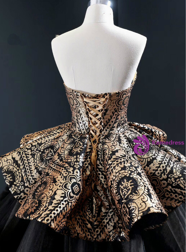 Distinctive Black Ball Gown Tulle Gold Sequins Sweetheart Formal Prom Dress