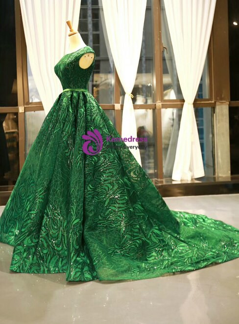 Modest Green Ball Gown Lace Sequins Backless Cap Sleeve Long Prom Dress