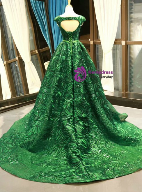Modest Green Ball Gown Lace Sequins Backless Cap Sleeve Long Prom Dress