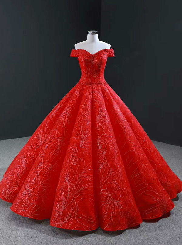 Red Ball Gown Sequins Off the Shoulder Beading Floor Length Prom Dress