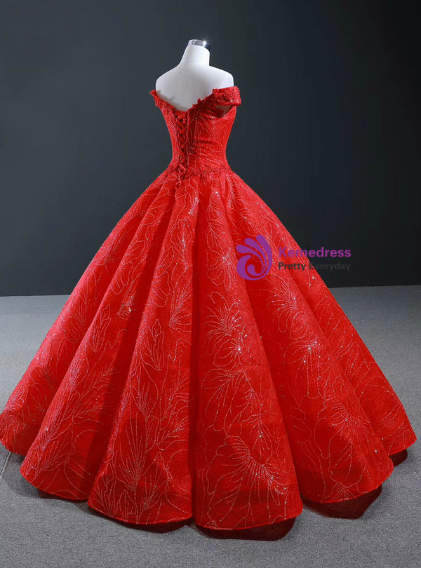 Red Ball Gown Sequins Off the Shoulder Beading Floor Length Prom Dress