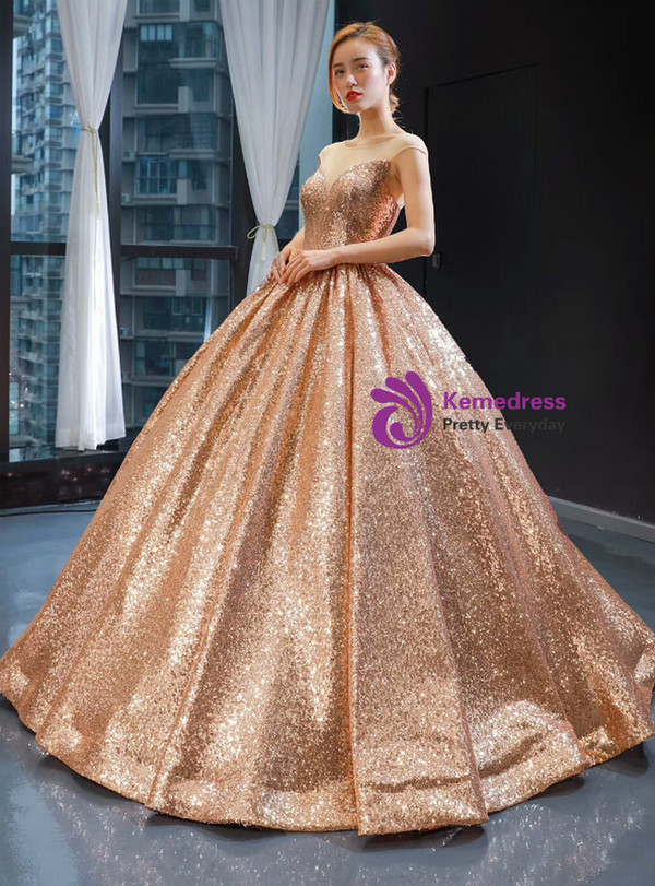 Adorable Gold Ball Gown Seuqins Cap Sleeve Floor Length Prom Dress