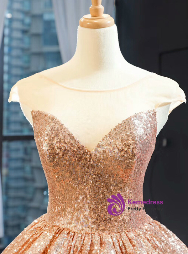 Adorable Gold Ball Gown Seuqins Cap Sleeve Floor Length Prom Dress