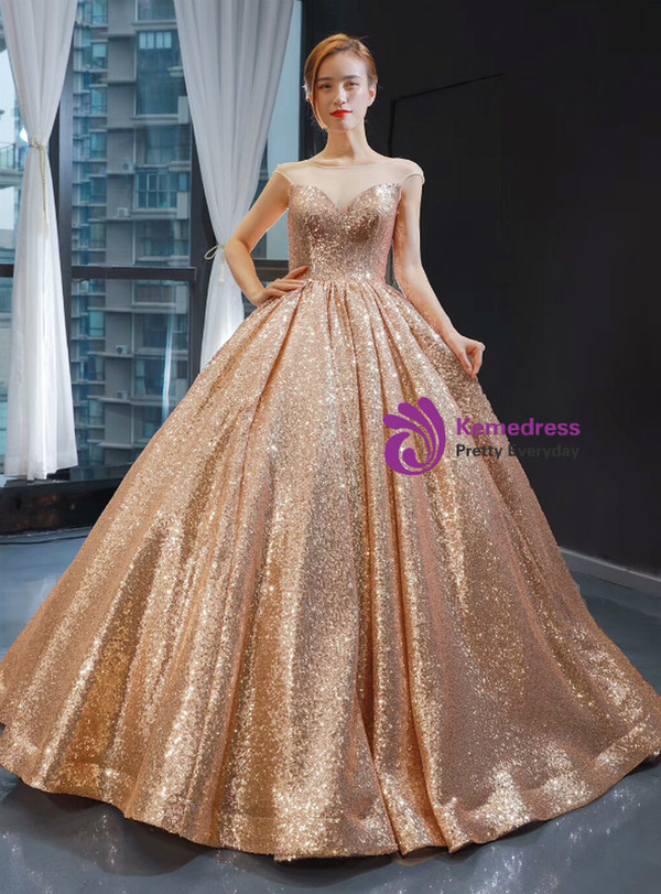 Adorable Gold Ball Gown Seuqins Cap Sleeve Floor Length Prom Dress