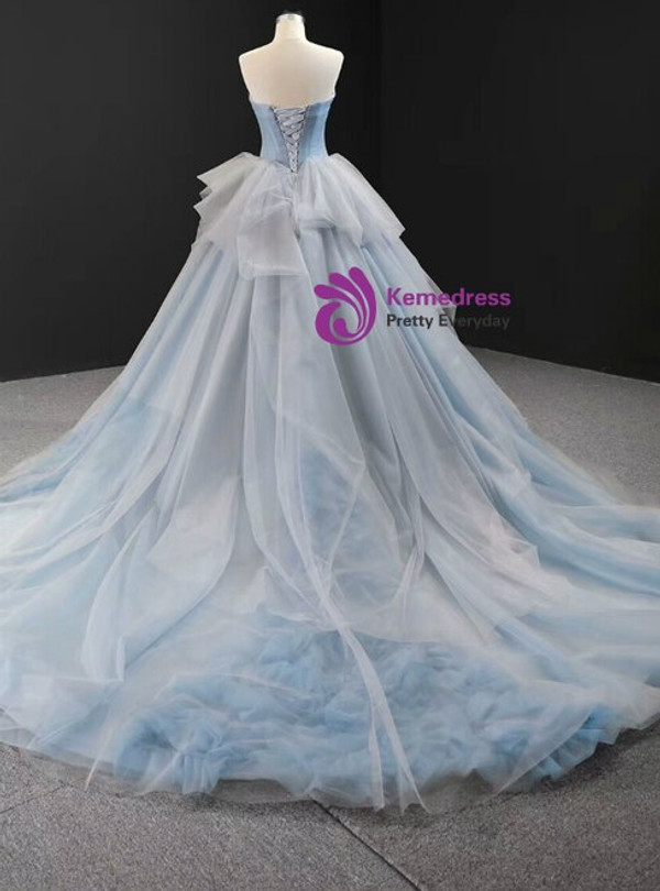 Unique Blue Ball Gown Tulle Sweetheart Sleevelss Princess Prom Dress With Train