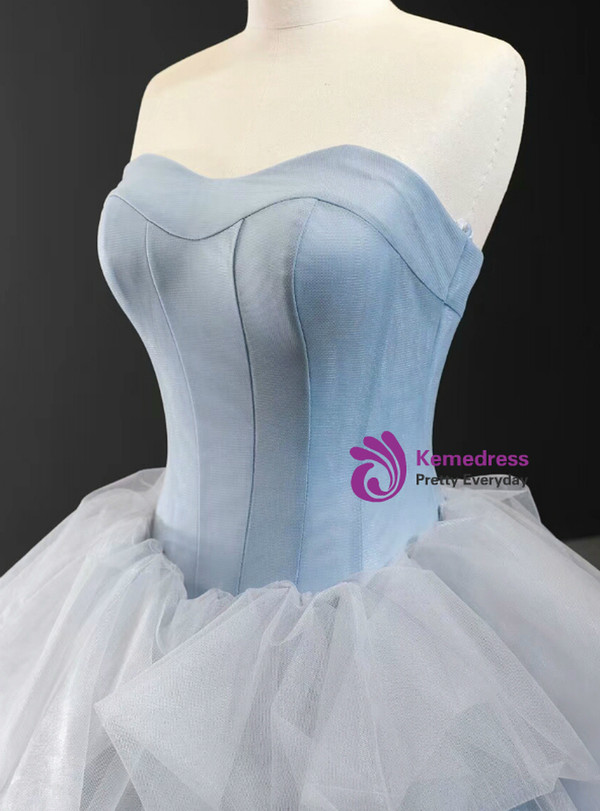 Unique Blue Ball Gown Tulle Sweetheart Sleevelss Princess Prom Dress With Train