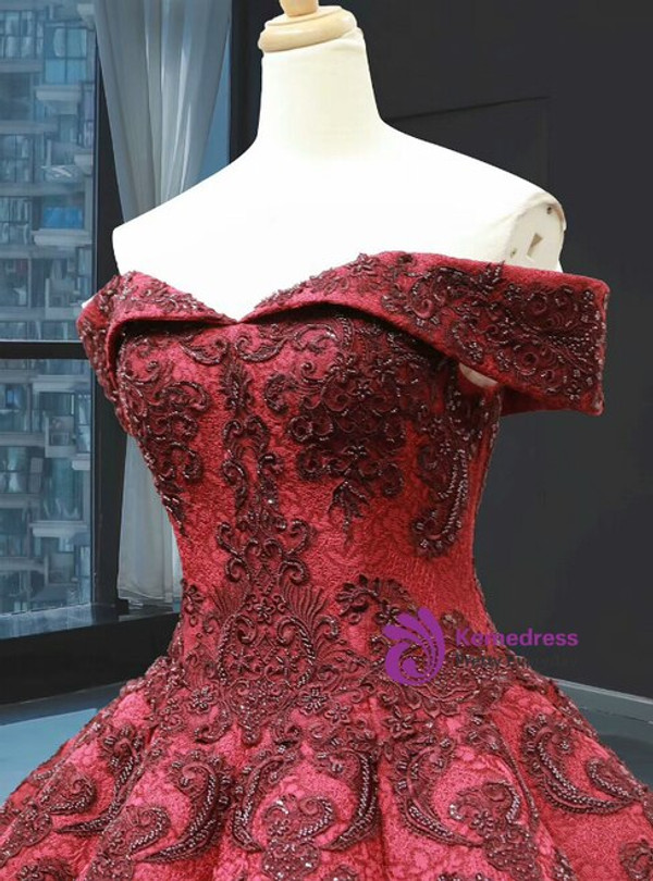 Burgundy Ball Gown Lace Off the Shoulder Appliques Beading Floor Length Prom Dress