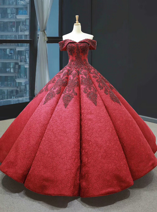Burgundy Ball Gown Lace Off the Shoulder Appliques Beading Floor Length Prom Dress