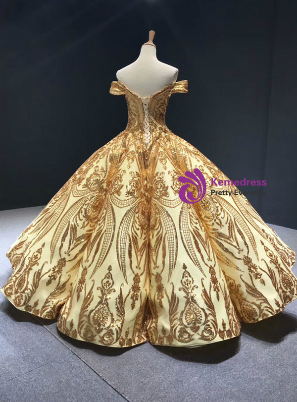 Pretty Gold Ball Gown Sequins Off the Shoulder Floor Length Prom Dress