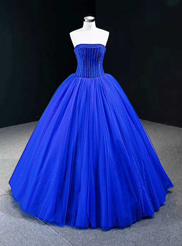 Stylish Royal Blue Ball Gown Tulle Strapless Floor Length Beading Prom Dress
