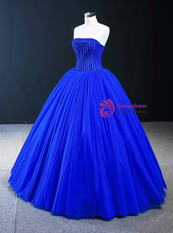 Stylish Royal Blue Ball Gown Tulle Strapless Floor Length Beading Prom Dress