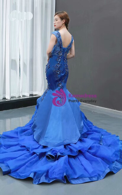 Sexy Royal Blue Mermaid Satin Tulle Backless Beading Prom Dress
