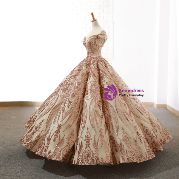 Champagne Gold Ball Gown Sequins Off The Shoulder Floor Length Wedding Dress