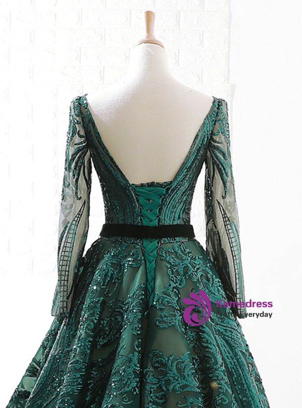 Luxurious Dark Green Sequins Long Sleeve Backless Wedding Dress With Long Train