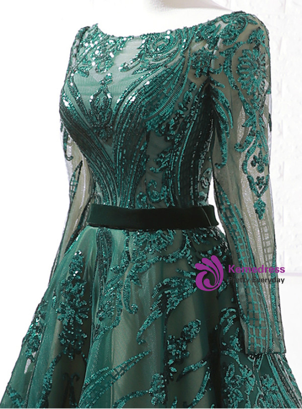 Luxurious Dark Green Sequins Long Sleeve Backless Wedding Dress With Long Train