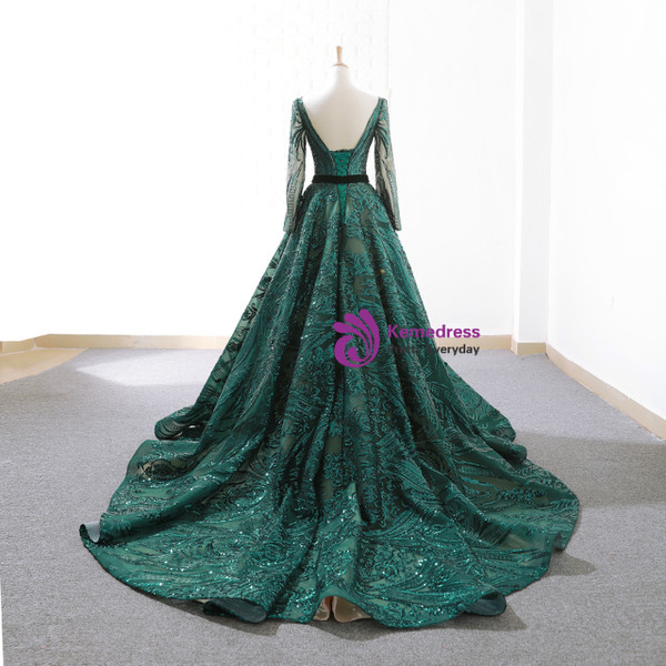 Luxurious Dark Green Sequins Long Sleeve Backless Wedding Dress With Long Train