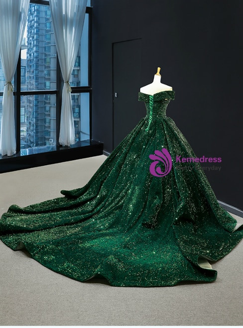 Glamorous Green Ball Gown Sequins Off the Shoulder Formal Quinceanera Dresses