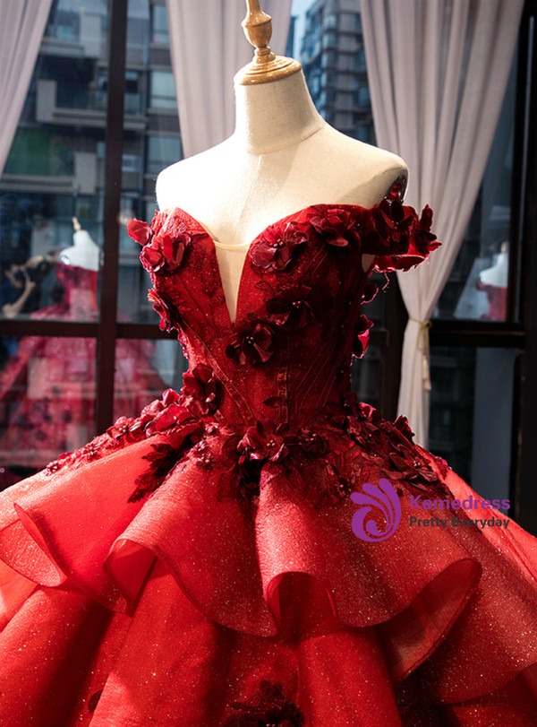 Elegance Burgundy Ball Gown Sequins Off the Shoulder 3D Flower Haute Couture Prom Dress