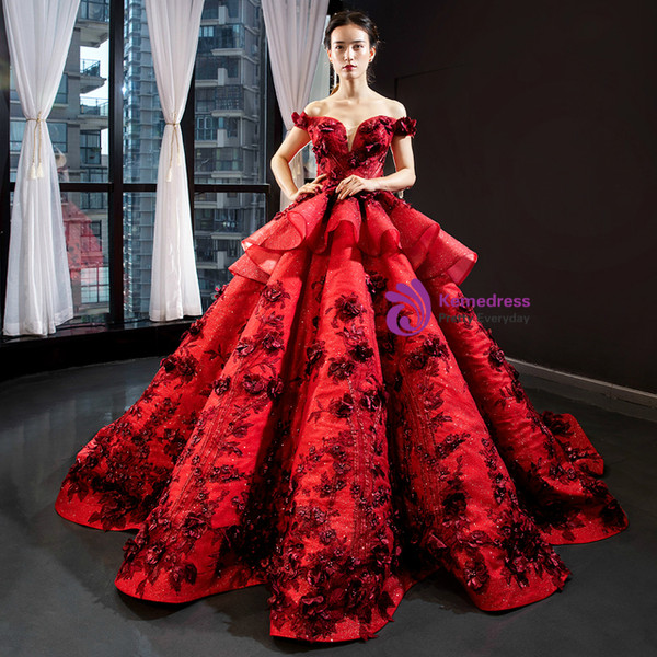 Elegance Burgundy Ball Gown Sequins Off the Shoulder 3D Flower Haute Couture Prom Dress