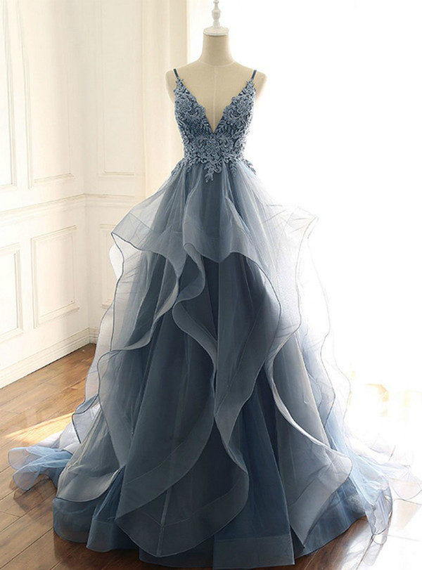 Blue Spaghetti Straps V-neck Lace Appliques Tulle Floor Length Prom Dress