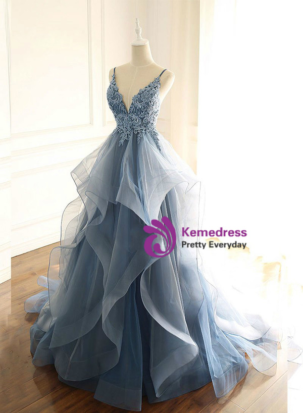 Blue Spaghetti Straps V-neck Lace Appliques Tulle Floor Length Prom Dress
