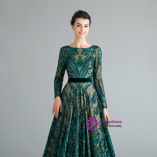 Unique Dark Green Sequins Long Sleeve Floor Length Prom Dress