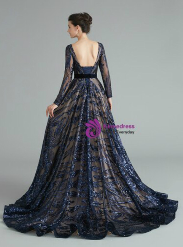 Marvelous Navy Blue Sequins Long Sleeve Backless Bateau Floor Length Prom Dress