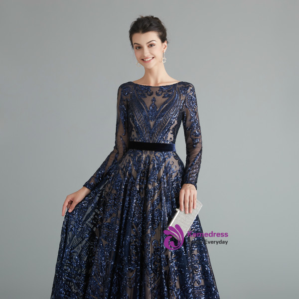 Marvelous Navy Blue Sequins Long Sleeve Backless Bateau Floor Length Prom Dress