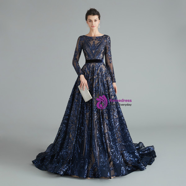 Marvelous Navy Blue Sequins Long Sleeve Backless Bateau Floor Length Prom Dress