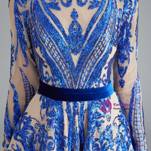 Stunning Royal Blue Sequins Long Sleeve Backless Long Prom Dress