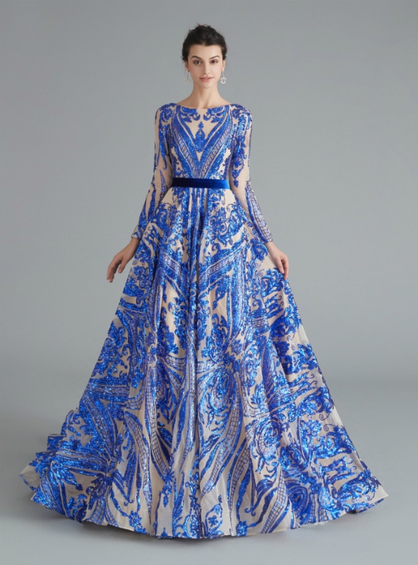 Stunning Royal Blue Sequins Long Sleeve Backless Long Prom Dress