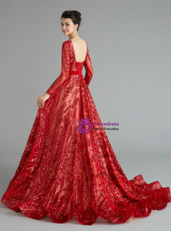Fairy Tale Red Sequins Long Sleeve Backless Bateau Floor Length Prom Dress