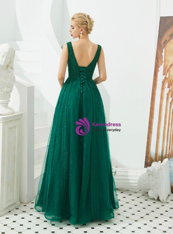 Unique Green Tulle V-neck Backless Sleeveless Beading Sequins Floor Length Prom Dress