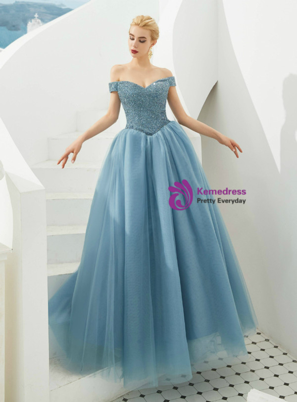Romantic Blue Off the Shoulder Beading Sleeveless Long Prom Dress