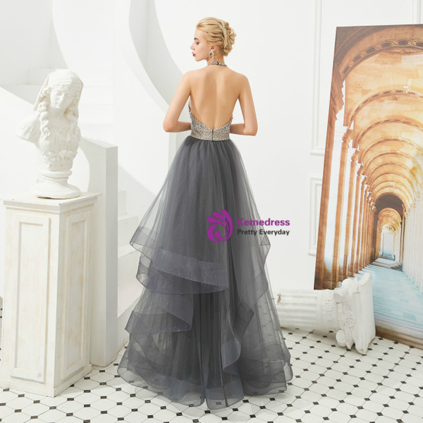 Popular Gray Tulle Halter Backless Beading Flower Floor Length Prom Dress