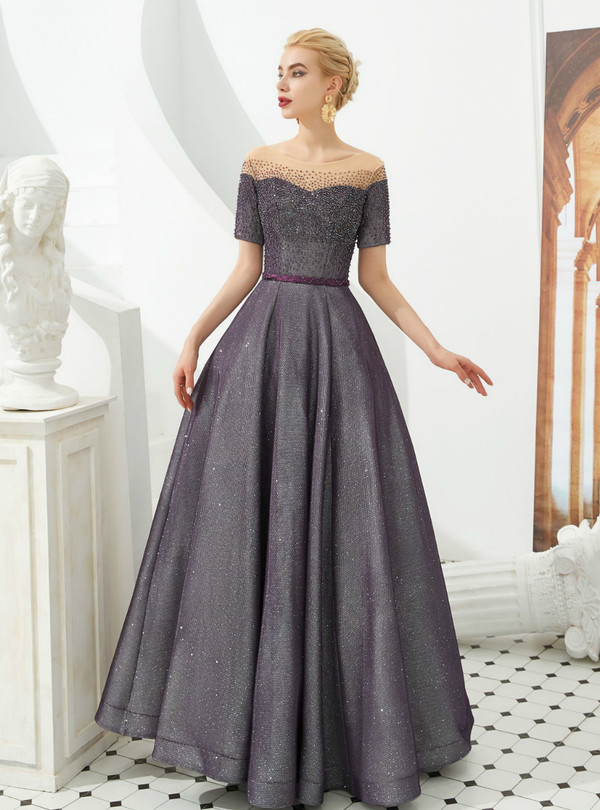 Modest Purple Short Sleeve Beading Bateau Floor Length Prom Dress