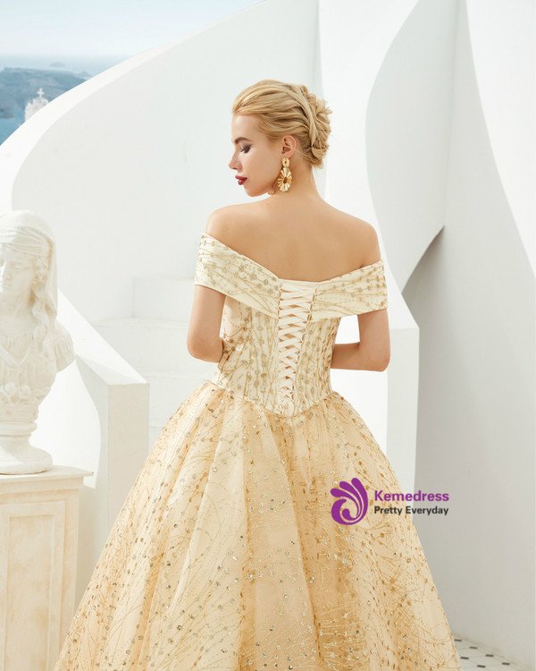 Distinctive Champagne Tulle Sequins Off the Shoulder Sleeveless Floor Length Prom Dress