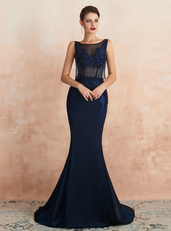 Romantic Navy Blue Mermaid Bateau Backless See Through Beading Prom Dress