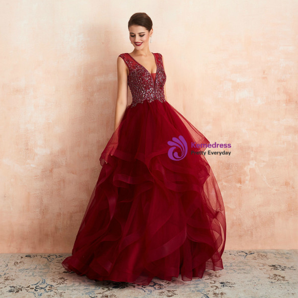 Elegant Burgundy Tulle Deep V-neck Beading Sleeveless Floor Length Prom Dress