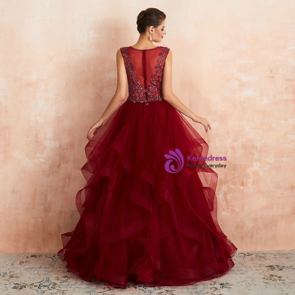 Elegant Burgundy Tulle Deep V-neck Beading Sleeveless Floor Length Prom Dress