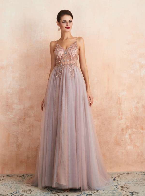 Brilliant Sexy Pink Tulle V-neck Backless Beading Sequins Floor Length Prom Dress