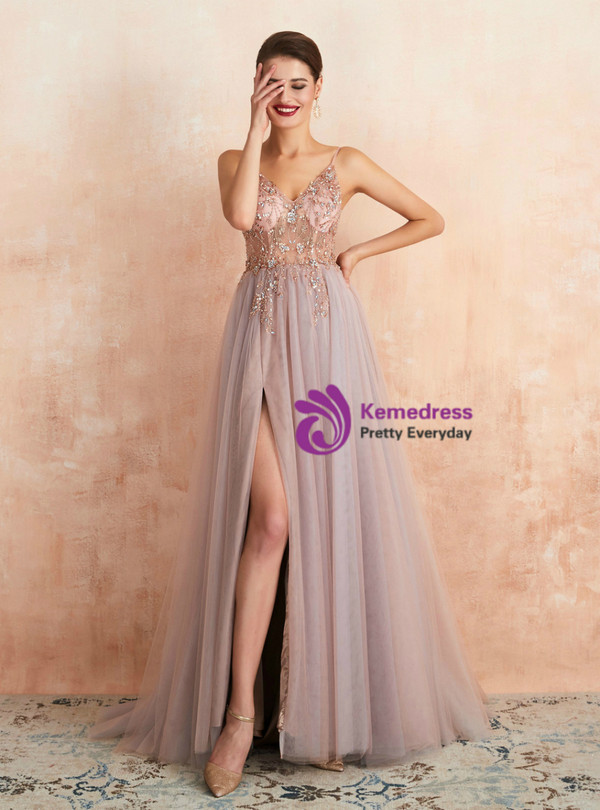 Brilliant Sexy Pink Tulle V-neck Backless Beading Sequins Floor Length Prom Dress