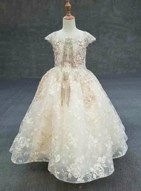 Luxurious Champagne Tulle Cap Sleeve Backless Flower Girl Dress With Pearls