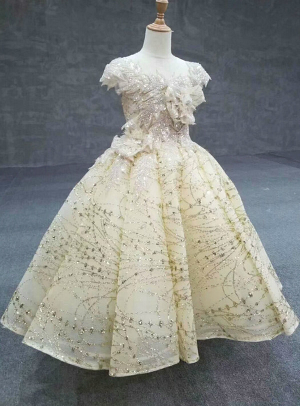 Champagne Gold Ball Gown Tulle Sequins Cap Sleeve Backless Flower Girl Dress