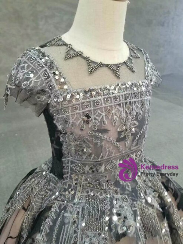 Glamorous Champagne And Black Tulle Cap Sleeve Appliques Beading Flower Girl Dress