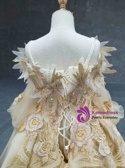 Fancy Champagne Ball Gown Tulle Gold Long Sleeve Spaghetti Straps Beaidng Sequins Flower Girl Dress
